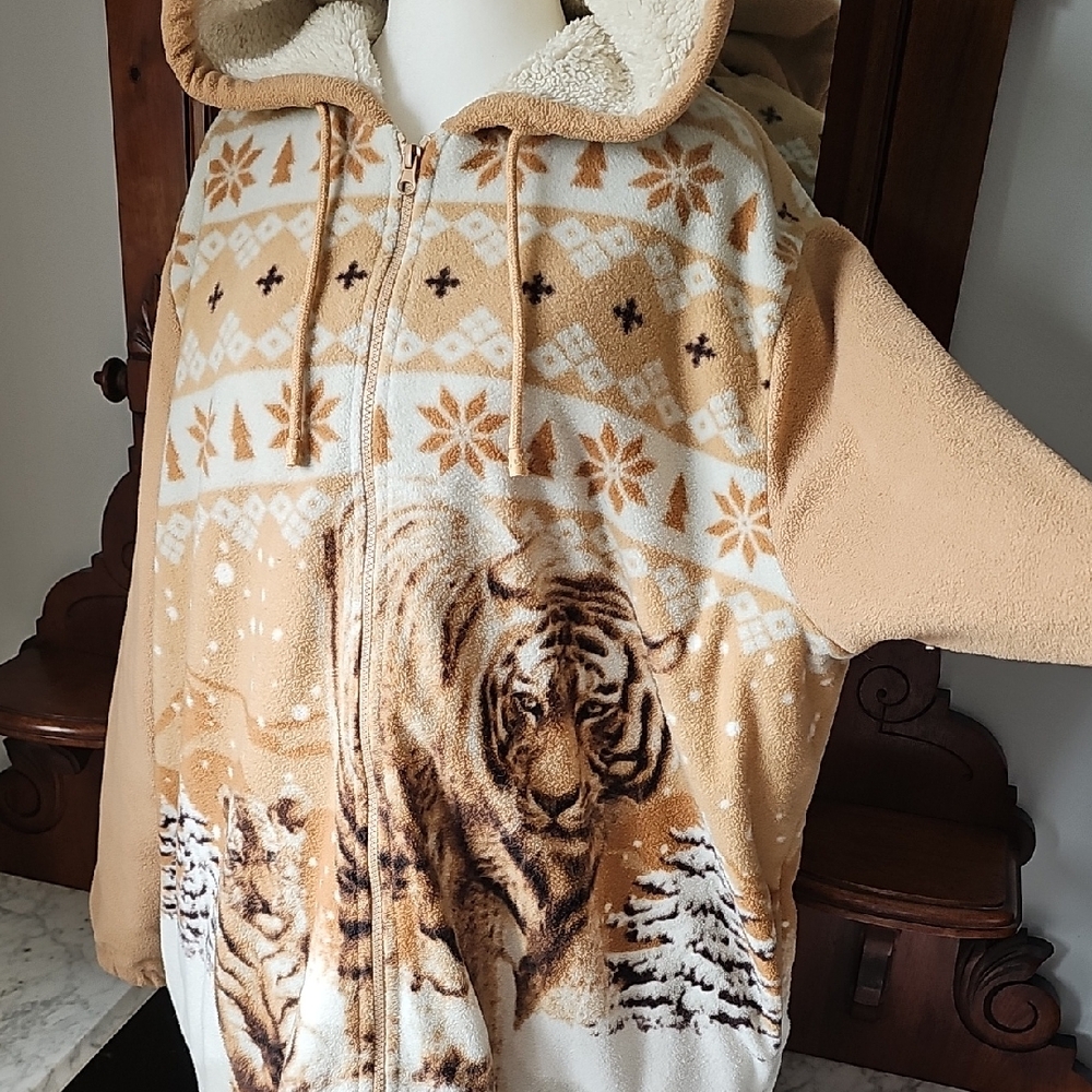 Women's Tan Teddy Jacket with Tiger Print